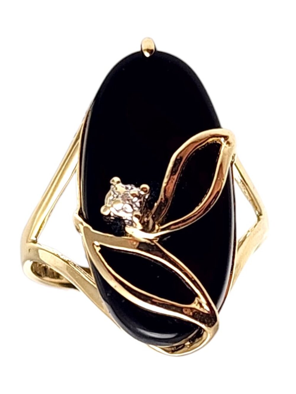 14K Yellow Gold Oval Onyx and Diamond Ring Size 6 #24311